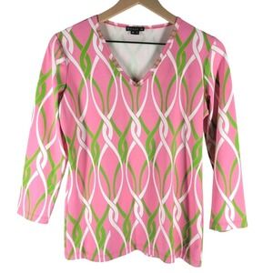 Melly M Pink Green Print Top Womens M V-Neck 3/4 Sleeve Preppy Resort USA